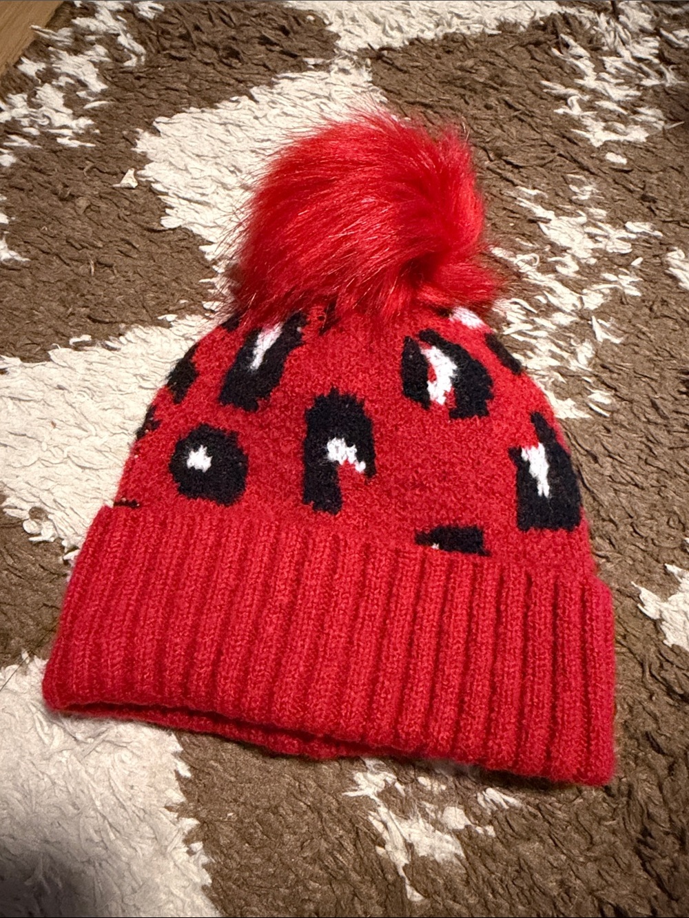 Red Leopard Pom Beanie Kids Winter Hat